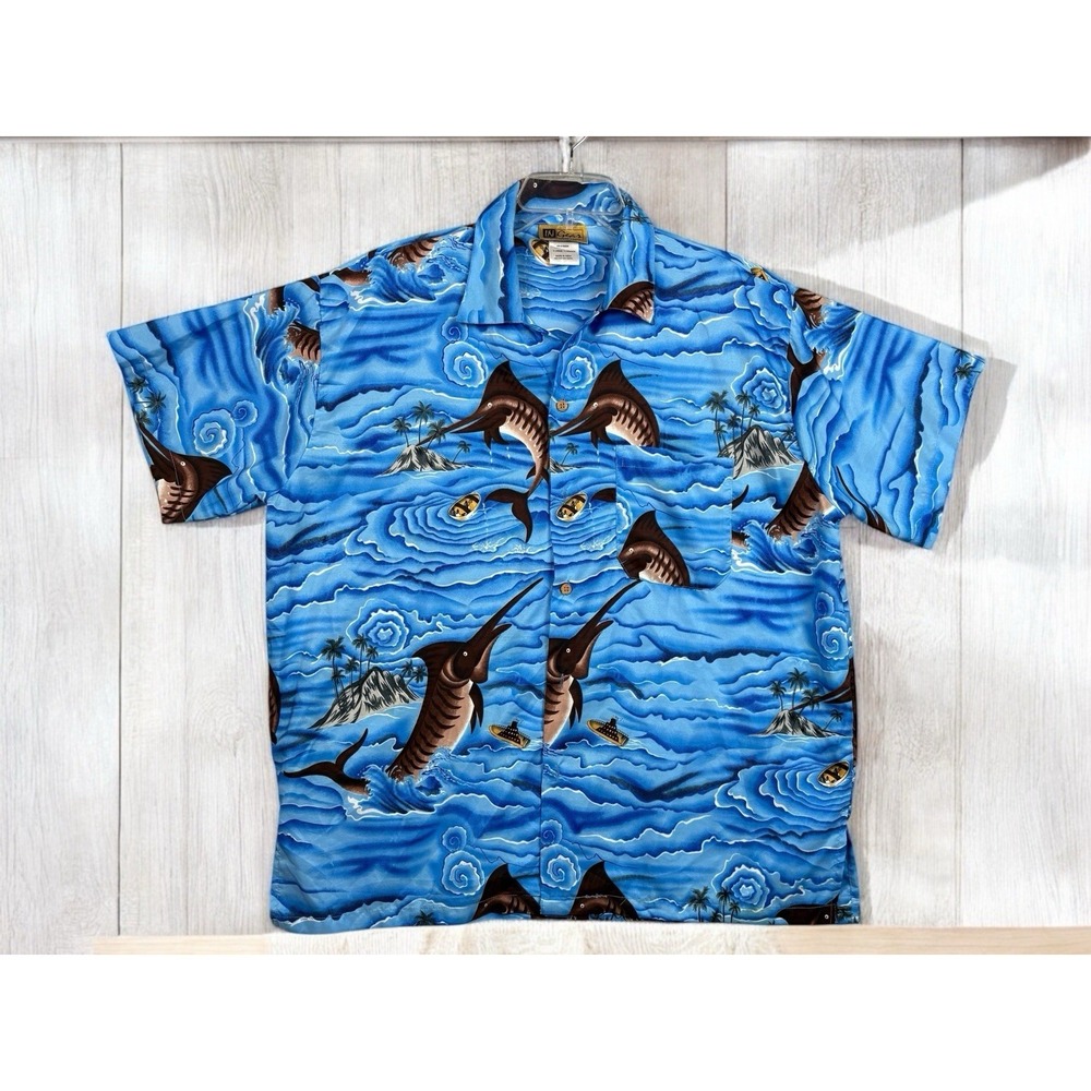 In Gear Blue Fish Short Sleeve Aloha Hawaiian Shirt X-Large Mens Vtg Ocean Beach